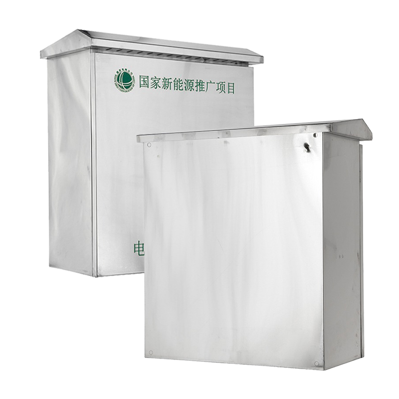 Caixa de carregamento para veículos elétricos em aço inoxidável com orifícios pré-perfurados.