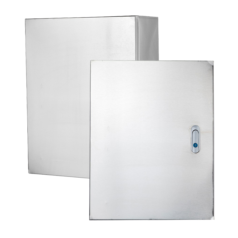 Caixa de proteção elétrica em aço inoxidável para uso externo.