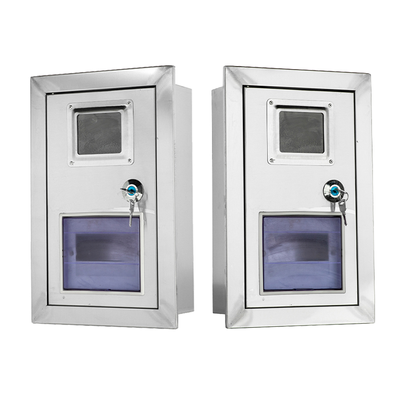 Caixa de medidor de aço inoxidável para montagem na parede com visor.